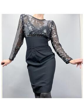 Sequined Party Dress, Vintage Black & Silver Fitted Long Sleeve Cocktail Dress